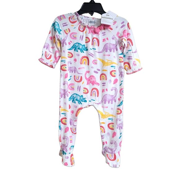 Mud Pie Pink Bamboo Dino Sleeper Footie and Headband Set Size 3-6 Month Dinosaur - Picture 2 of 16
